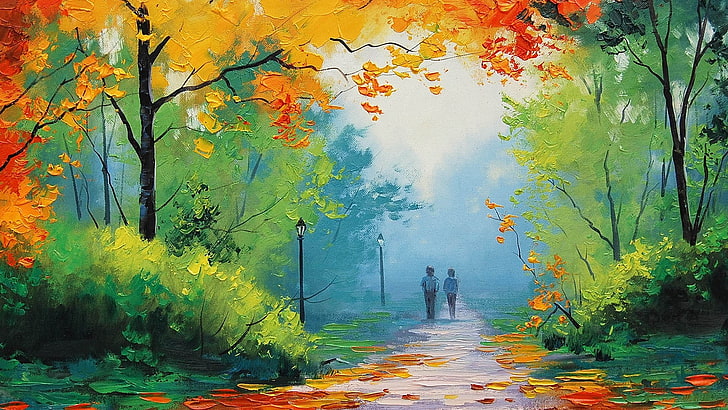 pessoa andando na pintura da floresta, duas pessoas andando no parque durante o dia, natureza, Graham Gercken, pintura, outono, caminho, obra de arte, HD papel de parede