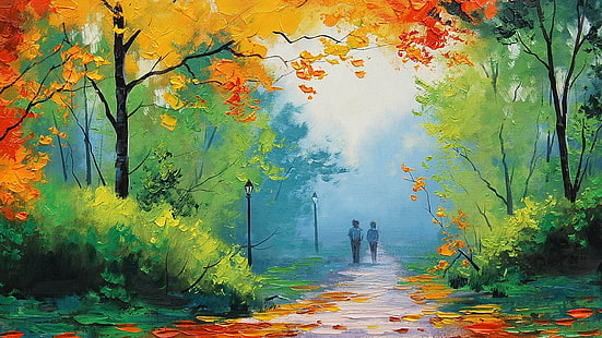 persona che cammina sulla foresta di pittura, due persone che camminano nel parco durante il giorno, natura, Graham Gercken, pittura, caduta, percorso, opere d'arte, Sfondo HD HD wallpaper