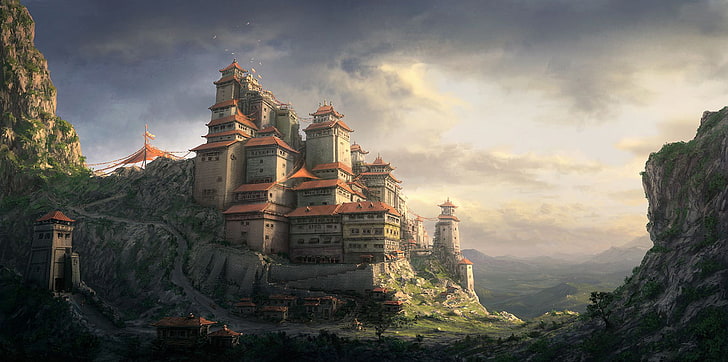 Ilustración de mansión blanca y marrón, montañas, castillo, pared, techo, el monasterio, azulejo, este, Fondo de pantalla HD