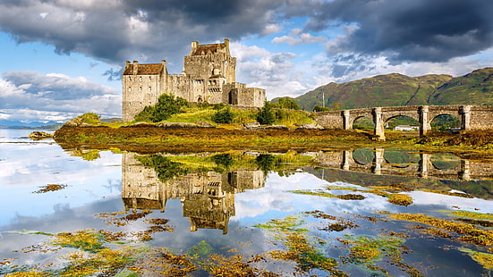 雲、城、反射、反射、ロカルシュのカイル、ヨーロッパ、歴史、歴史、風景、空、スコットランドの高地、風景、島、ドーニー、高地、アイリーンドナン城、スコットランド、 HDデスクトップの壁紙 HD wallpaper