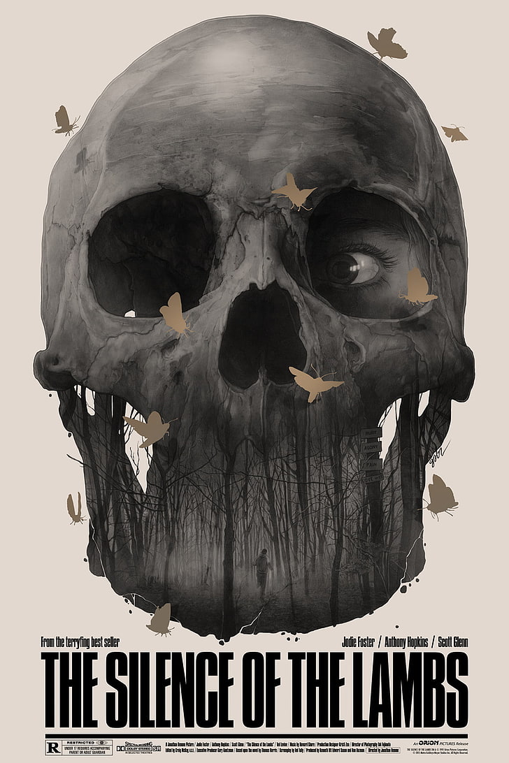 black and white skull wall decor, skull, digital art, portrait display, movies, Film posters, eyes, white background, trees, butterfly, creepy, The Silence of the Lambs, HD wallpaper