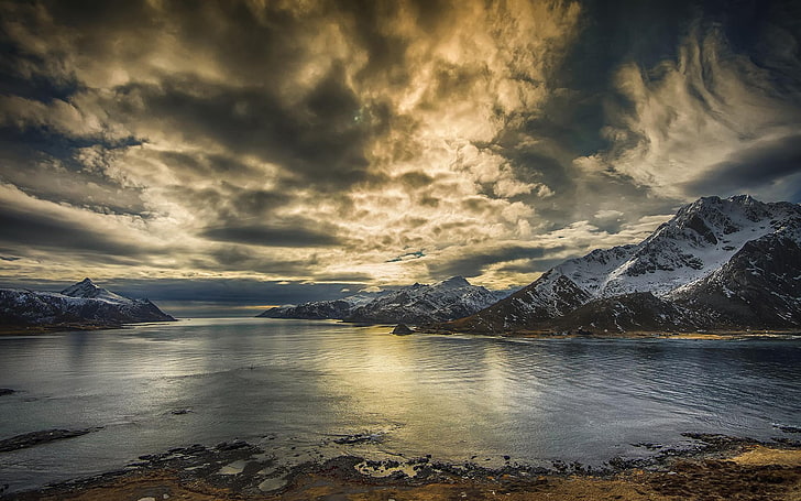 landscape, beach, mountains, sky, clouds, Lofoten Islands, HD wallpaper