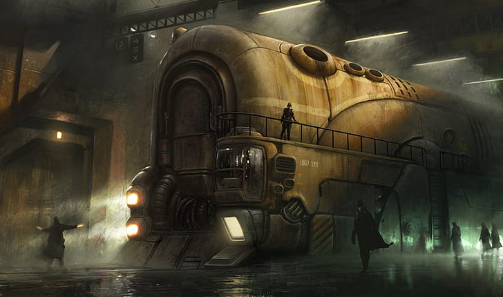 steampunk, pociąg, ludzie, lokomotywa parowa, lokomotywa, mgła, Tapety HD