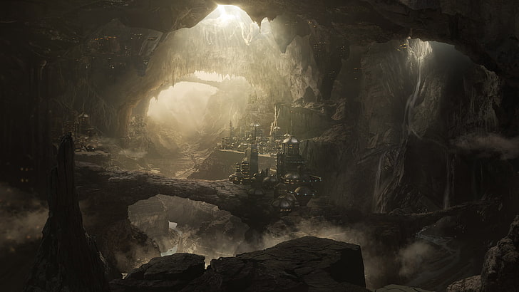 tapeta jaskiniowa, sztuka cyfrowa, science fiction, jaskinia, formacja skalna, sztuka fantasy, krajobraz, futurystyczny, Tapety HD
