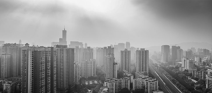 cityscape, mist, rooftops, HD wallpaper