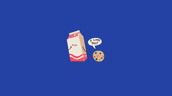 cookie and milk tetra pack illustrations, minimalism, humor, drawing, blue background, milk, love, cookies, HD wallpaper