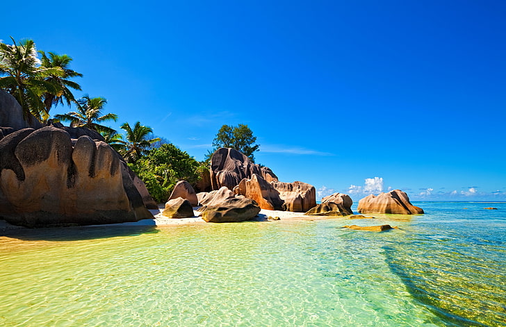 formasi batuan coklat, laut, langit, tropis, Palma, batu, samudera, pulau, Seychelles, Wallpaper HD