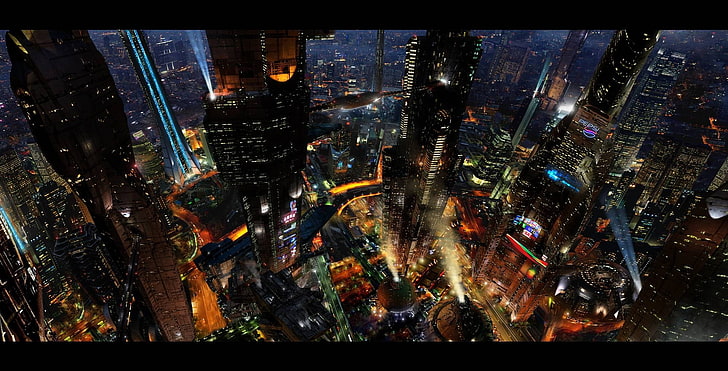 fotografia aerea di grattacieli, paesaggio urbano, cyberpunk, città futuristica, futuristica, arte digitale, Sfondo HD
