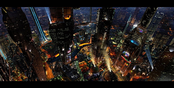 التصوير الجوي للمباني الشاهقة ، مناظر المدينة ، السايبربانك ، المستقبل ، المدينة المستقبلية ، الفن الرقمي، خلفية HD HD wallpaper
