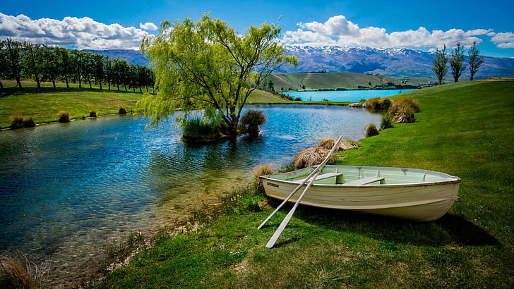 landscape, boat, river, HD wallpaper