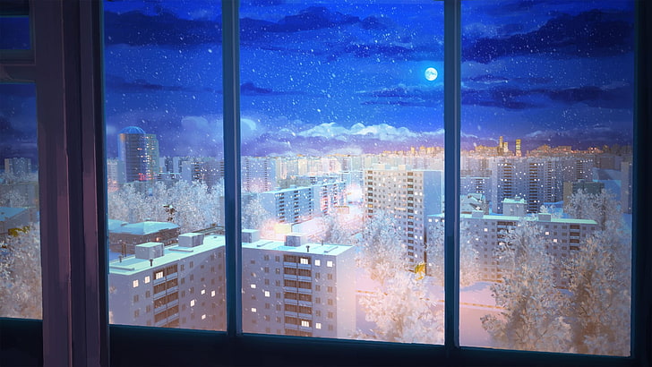 городской пейзаж покрытый снегом цифровые обои, ночь, снег, вечное лето, HD обои