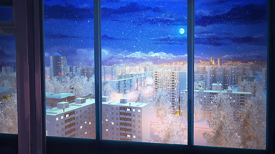 градски пейзаж, покрит със сняг цифрови тапети, нощ, сняг, вечно лято, HD тапет HD wallpaper