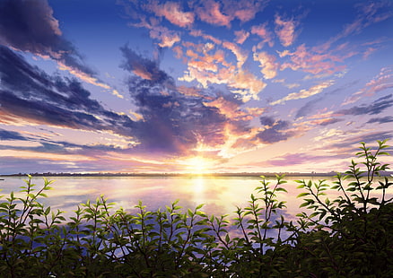 Anime, Landschaft, Sonnenuntergang, Blätter, Natur, Anime, Landschaft, Sonnenuntergang, Blätter, Natur, HD-Hintergrundbild HD wallpaper