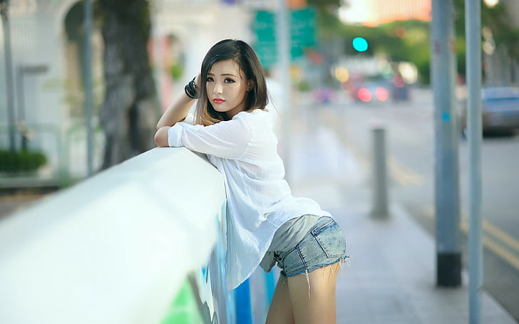 women, Asian, jean shorts, HD wallpaper
