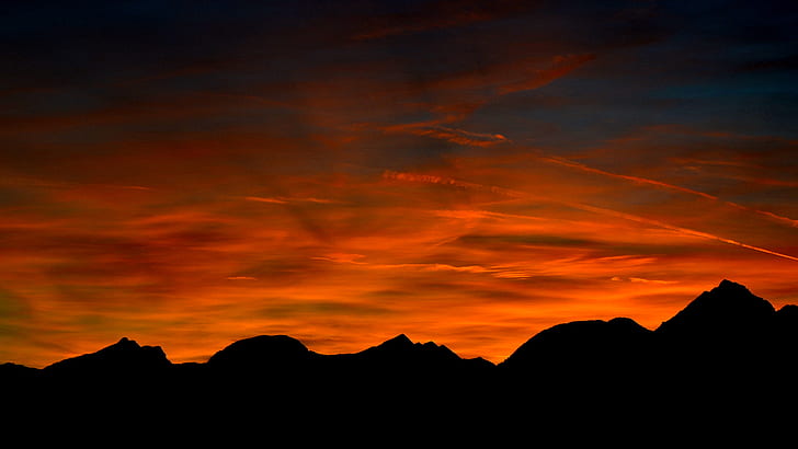 Sunset Orange Mountains Silhouette HD, nature, sunset, mountains, orange, silhouette, HD wallpaper