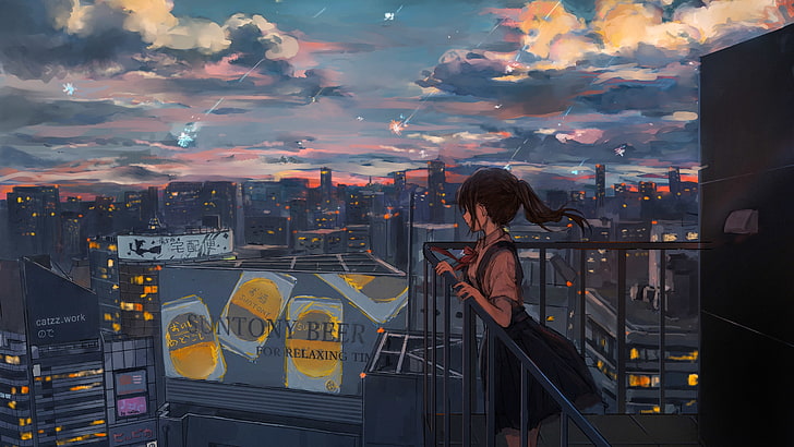 аниме момиче, тъга, падащи звезди, градски пейзаж, живописен, покрив, аниме, HD тапет