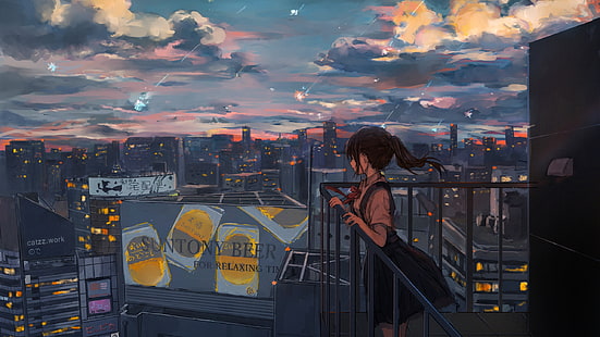 menina anime, tristeza, estrelas cadentes, paisagem urbana, cênica, telhado, anime, HD papel de parede HD wallpaper