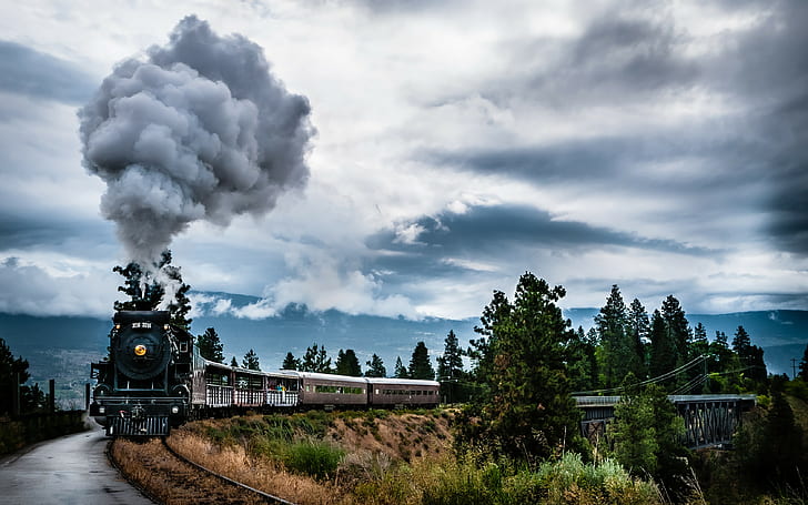 природа, пейзаж, поезд, машина, дым, деревья, облака, мост, железная дорога, горы, паровоз, HD обои