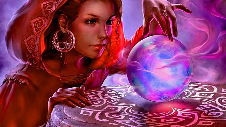 Фантазия, магия, кристална топка, циганка, жена, HD тапет