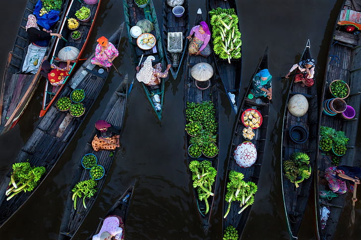 boats, Indonesia, trade, floating market, Lock-Bunyan, the martapura river, HD wallpaper
