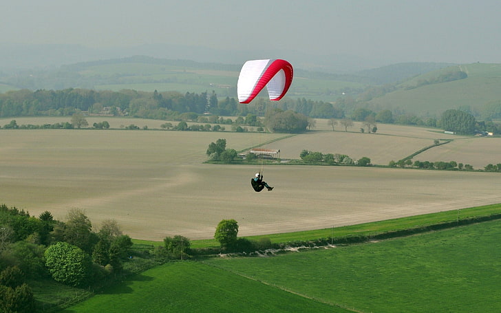 Over Fields of Dorset, England, fields, Dorset, paraglider, England, HD wallpaper