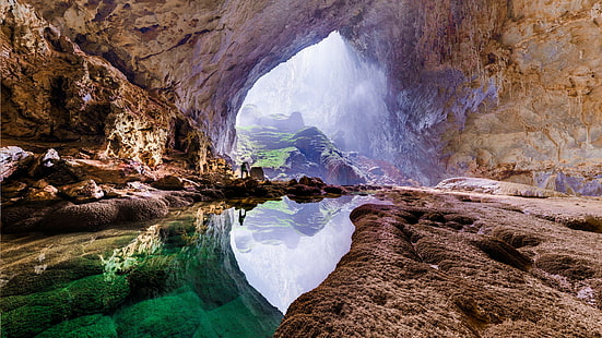 пейзажная фотография коричневой пещеры с водоемом посередине, Son Doong, Вьетнам, пещера, 4k, HD обои HD wallpaper