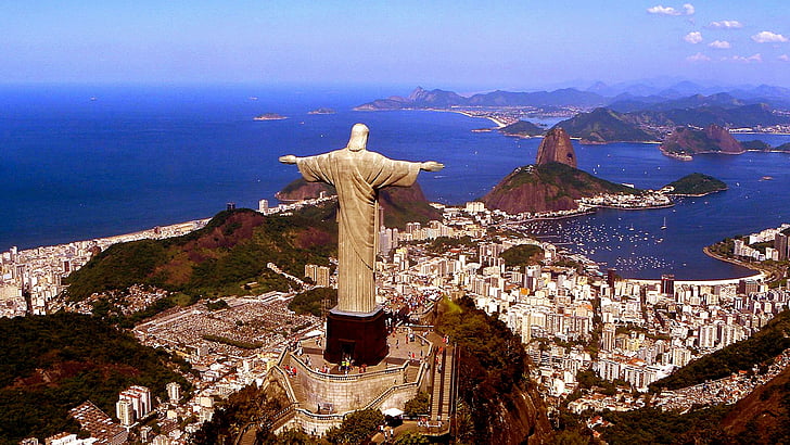 туристическа атракция, крайбрежие, обект на ЮНЕСКО за световно наследство, град, нос, туризъм, въздушна фотография, нос, море, Рио де Жанейро, небе, исторически, забележителност, силует, градски пейзаж, Бразилия, статуя, Христос статуята на изкупителя, HD тапет