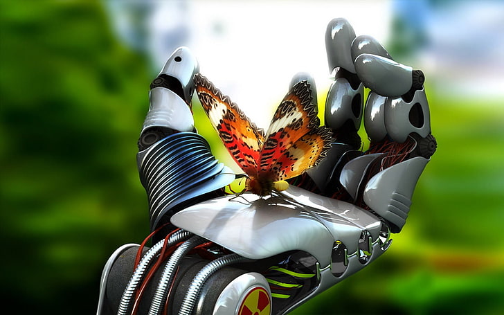 kupu-kupu bertengger di tangan robot, seni digital, seni fantasi, robot, tangan, kupu-kupu, 3D, kabel, Wallpaper HD