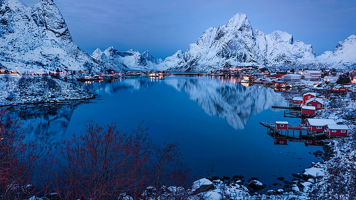 reine, lofoten, norwegen, rote häuser, dämmerung, abenddämmerung, spiegelung, europa, reinefjord, fjord, abend, landschaft, fotografie, HD-Hintergrundbild