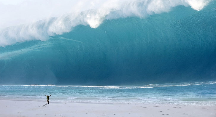 Човек срещу цунами, приливна вълна, забавно, HD тапет