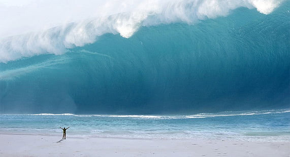 Man vs. Tsunami, tidal wave, Funny, HD wallpaper HD wallpaper
