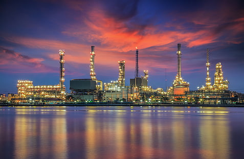 city buildings, the sky, reflection, Bangkok, oil refinery plant, Refinery, HD wallpaper HD wallpaper