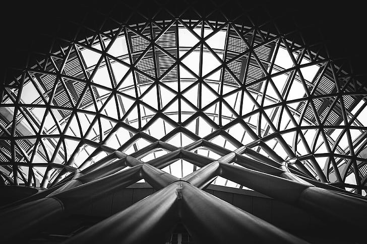 architecture, black and white, building, design, low angle photography, modern, monochrome, pattern, perspective, steel, steel structure, structure, HD wallpaper