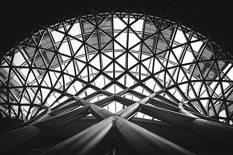 architecture, black and white, building, design, low angle photography, modern, monochrome, pattern, perspective, steel, steel structure, structure, HD wallpaper HD wallpaper