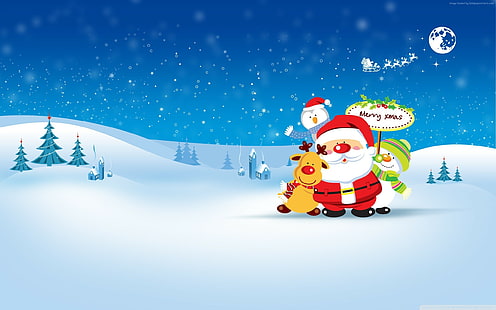 snowman, New Year, HD, deer, Christmas, penguin, winter, Santa, HD wallpaper HD wallpaper