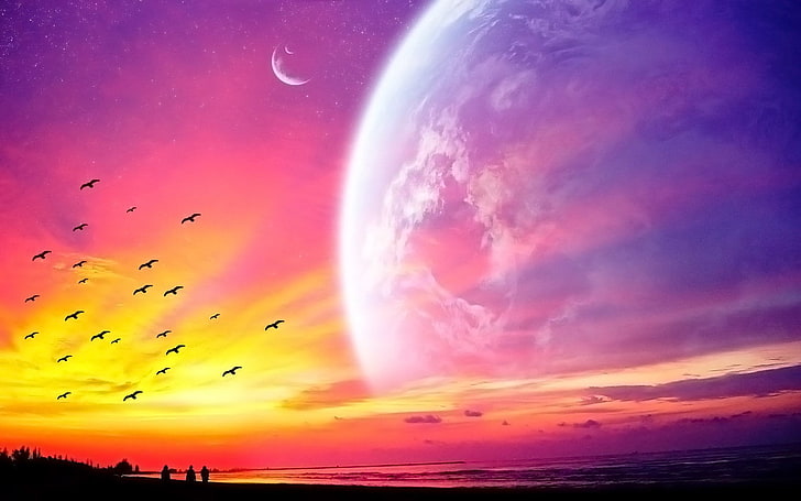 flock of birds and planet wallpaper, Earth, A Dreamy World, HD wallpaper