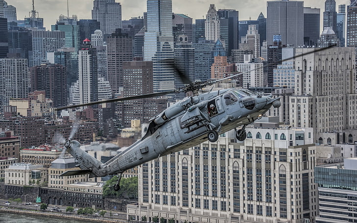 хеликоптери, военни самолети, самолети, Sikorsky UH-60 Black Hawk, град, градски пейзаж, небостъргач, HD тапет