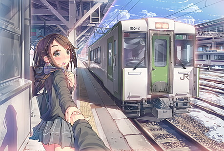 obra de arte, meninas anime, anime, trem, estação de trem, cachecol, personagens originais, HD papel de parede HD wallpaper