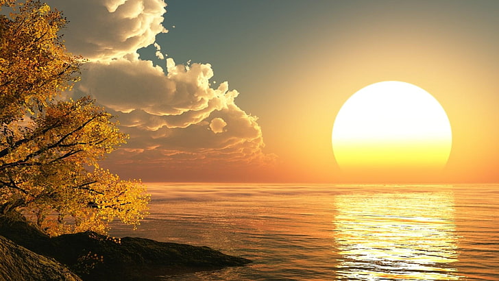 sol, puesta de sol, cielo, otoño, luz solar, nube, horizonte, mar, resplandor crepuscular, calma, agua, orilla, tarde, Fondo de pantalla HD