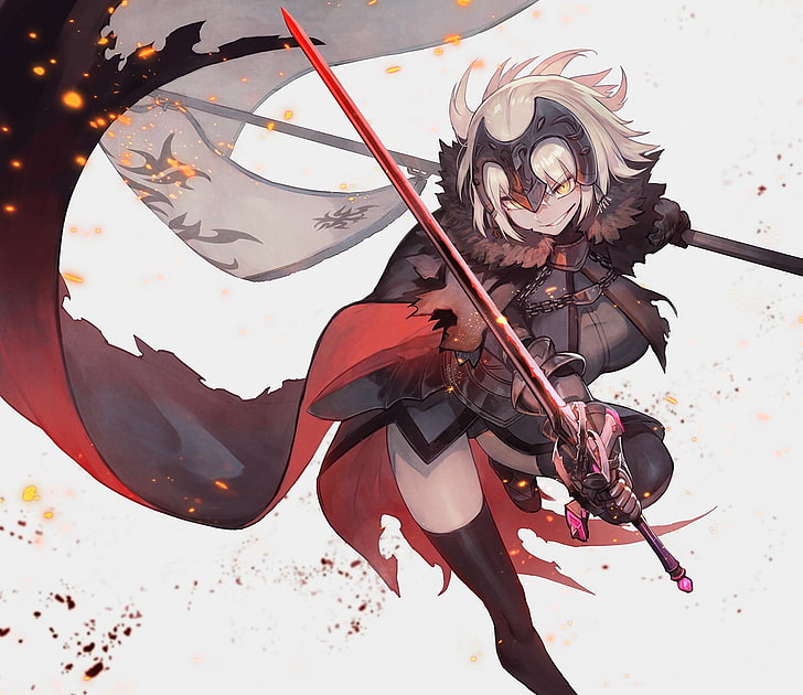 Hombre con espada pintura animada, Fate / Grand Order, Jeanne d'arc alter, armadura, arma, lanza, espada, muslos, Fate Series, Fondo de pantalla HD