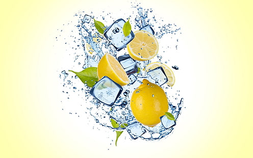 limone, limone, foglie, ghiaccio, spray, agrumi, Sfondo HD HD wallpaper