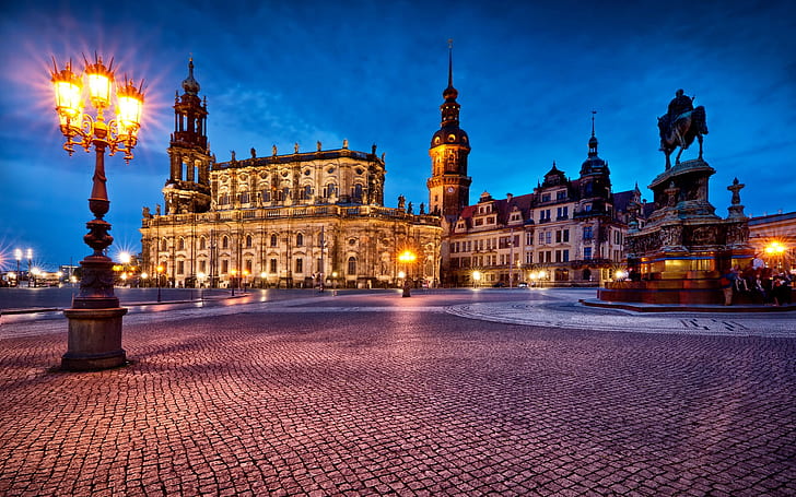 Jerman, Dresden, Theater Square, lampu malam, Jerman, Dresden, Theater, Square, Night, Lights, Wallpaper HD