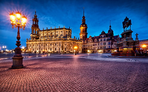 Jerman, Dresden, Theater Square, lampu malam, Jerman, Dresden, Theater, Square, Night, Lights, Wallpaper HD HD wallpaper