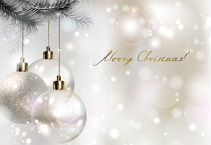 серые и белые безделушки с наложением текста Merry Christmas, шары, елка, елочные украшения, Merry Christmas, HD обои