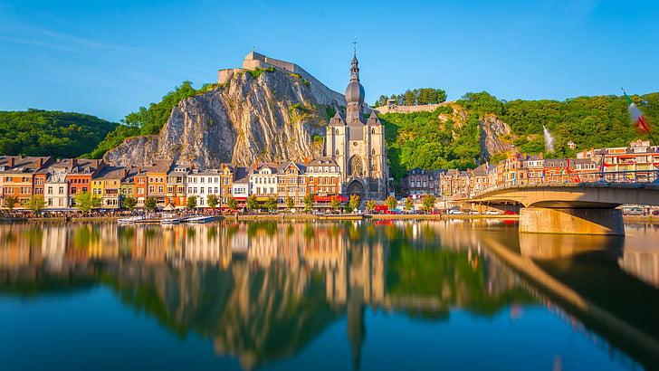 dinant, belgium, europe, church, cityscape, reflected, reflection, citadel, charming, town, meuse, tourist attraction, river, bridge, landmark, HD wallpaper