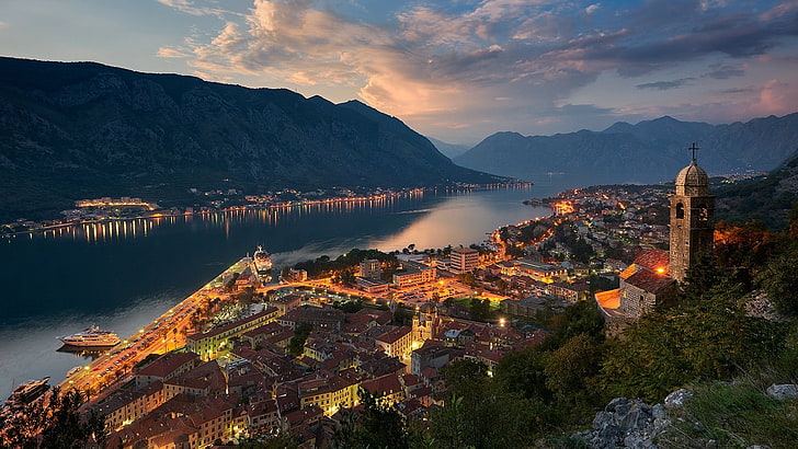 bay, morning, city, mountain, tourist attraction, dusk, evening, cityscape, europe, montenegro, kotor, HD wallpaper