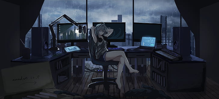 อะนิเมะ, ต้นฉบับ, คอมพิวเตอร์, เด็กผู้หญิง, หูฟัง, ฝนตก, วอลล์เปเปอร์ HD