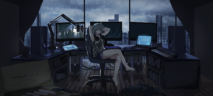 karakter anime wanita berambut coklat, seni digital, PC gaming, banyak layar, monitor, mikrofon, hujan, jendela, kantor, wanita, rambut abu-abu, tirai, Wallpaper HD HD wallpaper