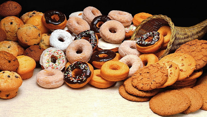 assorted donuts and cookies, cookies, donuts, batch, allsorts, variety, HD wallpaper