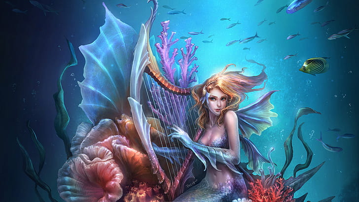 Fantasy, Mermaid, Harp, Ocean, HD wallpaper